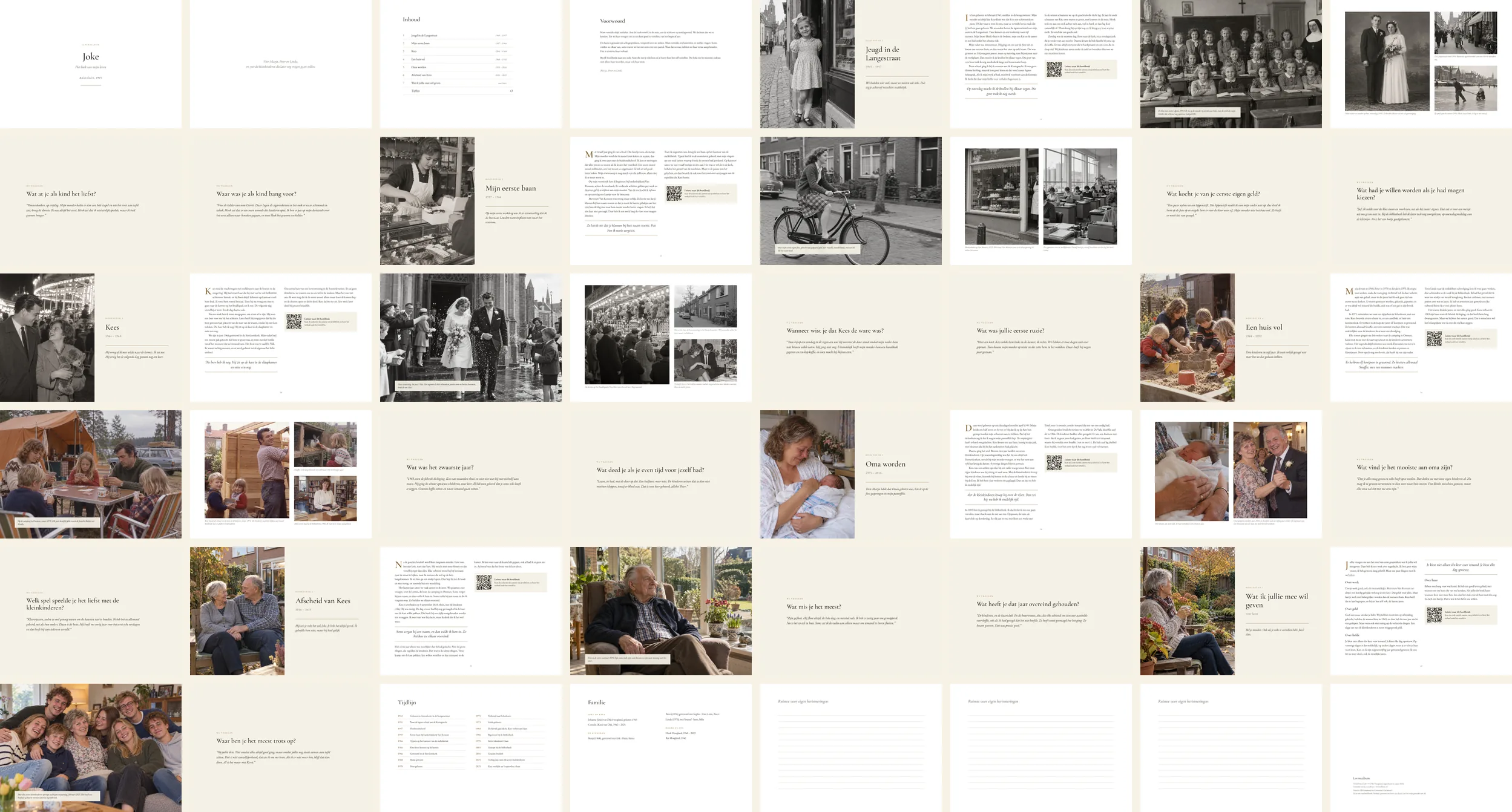 Alle 48 bladzijden van een levensboek naast elkaar: titelpagina, inhoud, voorwoord, zeven hoofdstukken met foto's, vraagbladzijden, tijdlijn, familie en ruimte voor eigen herinneringen