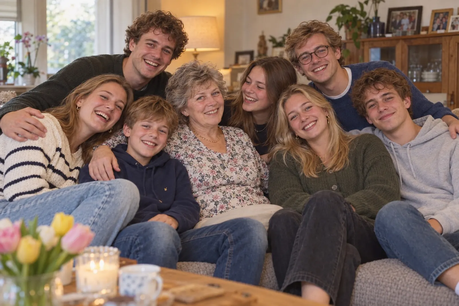 Joke met al haar kleinkinderen op haar tachtigste verjaardag
