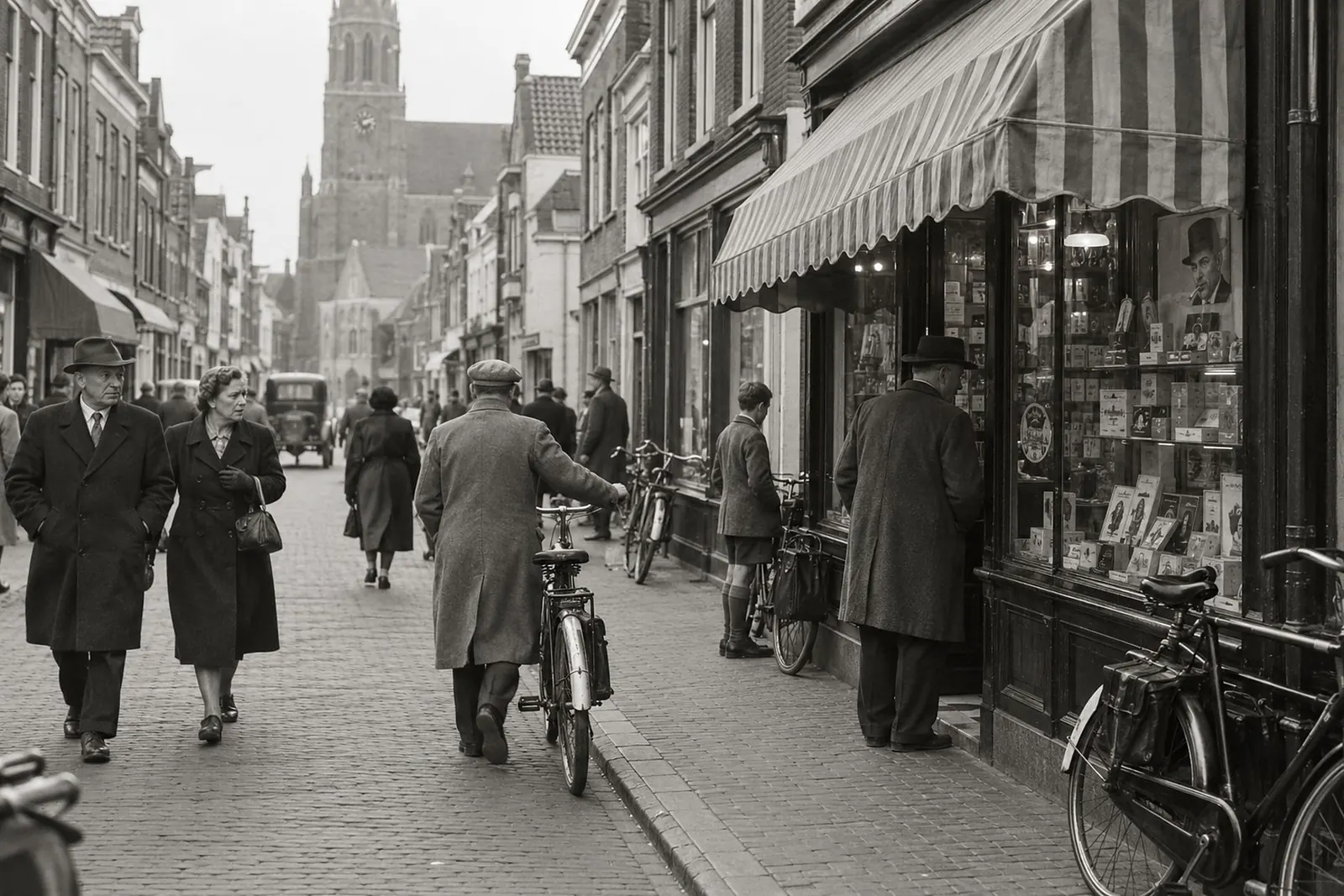 Winkelstraat met fietsers en voetgangers, rond 1950