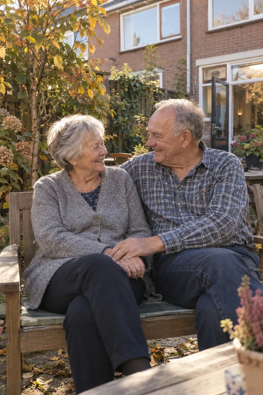 Joke en Kees samen op het bankje in de tuin