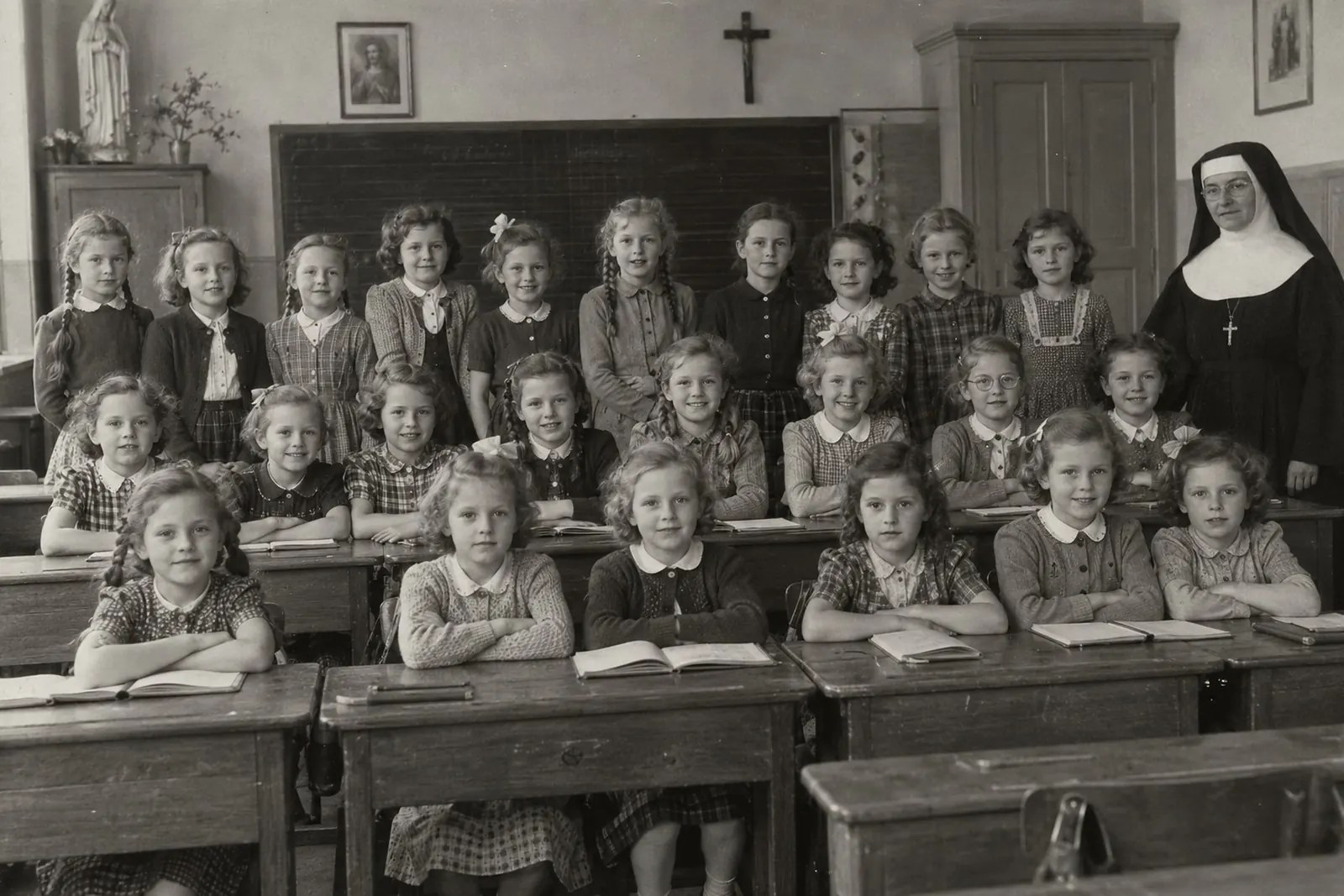 Klassenfoto uit de jaren vijftig: meisjes in schoolbanken met een non