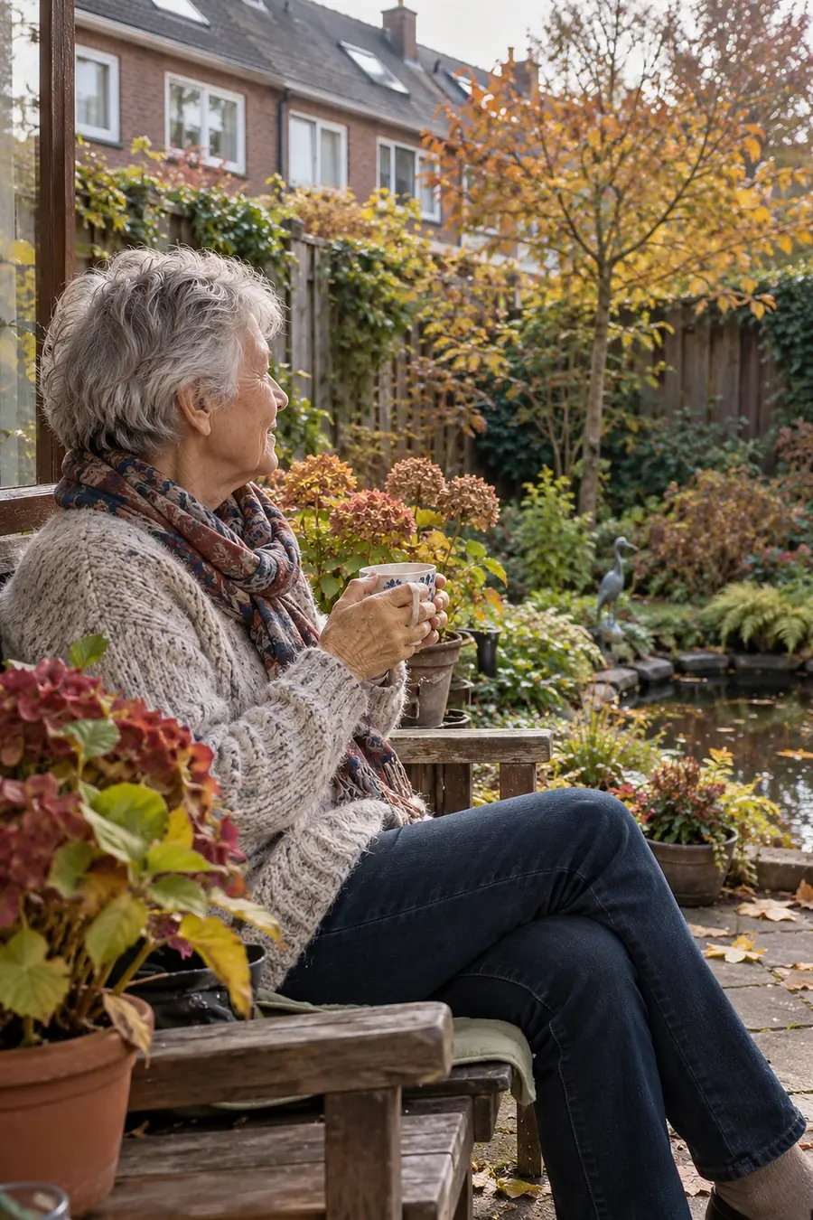 Joke in de tuin, met een kop koffie